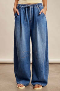 Classic Wide Leg  Barrel Drawstring Denim Pants