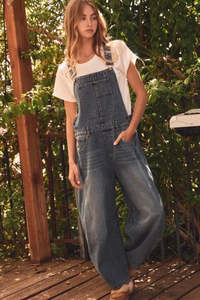 Denim: Washed Denim Barrel Overalls