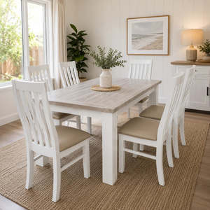 Dining: Ashland Solid Pine 7 Piece Dining Suite – White Wash Coastal Style 1.5m & 1.8m Table