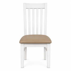 Ashland Solid Pine Dining Chair Leather Padding – White Wash Coastal Style