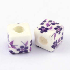 Beads: Porcelain - Cube - 10mm - 10 pieces - White and Purple