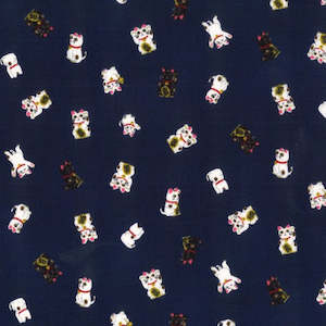 Japanese Prints: Nani -  Japanese design with Multi-coloured Lucky Cats Linen-look Indigo background