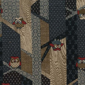 Santai - Traditional Japanese design with Multi-coloured Owls on Linen-look Navy&hellip;
