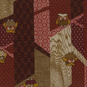 Santai - Traditional Japanese design with Multi-coloured Owls on Linen-look Rust&hellip;
