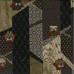Santai - Traditional Japanese design with Multi-coloured Owls on Linen-look Blac&hellip;