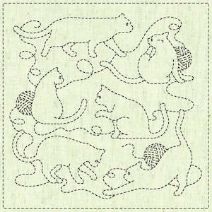 Sashiko Pre-printed Cloth Panel - All You Need Is...Cats! on Natural Greige-Off-white