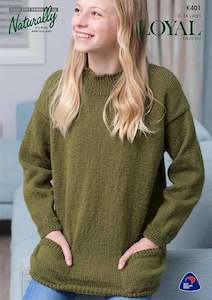 Naturally 1: Naturally Knitting Pattern K401 - Girls Slouchy Pullover with Pockets in 8-ply / DK for ages 8-14