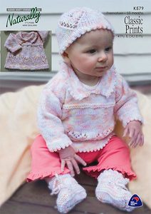 Naturally 1: Naturally Knitting Pattern K579- Baby's Lacy Textured Pullover, Booties and Hat in 4-ply / Fingering or 8-ply / DK for ages Premature to 18 months