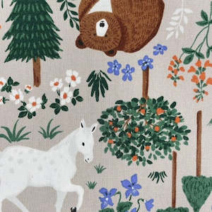 Sale Fabrics: Tama - Forest Scene with Bears, Squirrels, Bunnies, Horses, Owls, Ducks & Foxes on a Brown background
