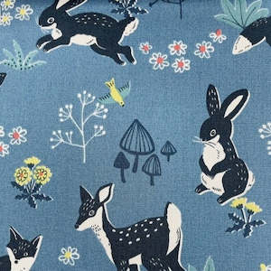 Japanese Prints: Tama - Forest scene with Bunnies, Foxes & Fawns on a Blue background