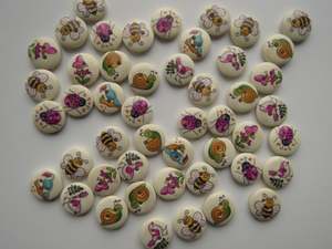 Buttons: 50 mixed print Bee, Bird, snail, ladybug, butterfly 15mm buttons