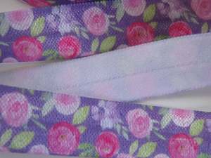 Flowers: 2m Light and dark pink roses floral print on purple background Fold Over Elastic FOE Foldover 15mm