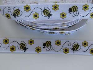 5m Bee with Yellow and black flowers on white Fold Over Elastic FOE Foldover 15mm