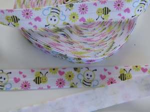 Flowers: 5m Bee and Pink and Yellow flowers with pink hearts on white Fold Over Elastic FOE Foldover 15mm