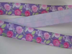 4.5m Light and dark pink roses floral print on purple background Fold Over Elast&hellip;