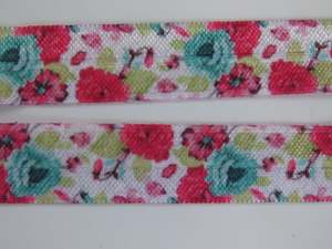 Flowers: 5m Teal and pink rose floral print on white Fold Over Elastic FOE Foldover 15mm
