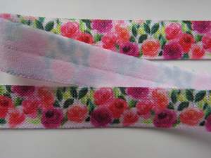 5m Pink and Purple roses floral printed Fold Over Elastic FOE Foldover 15mm