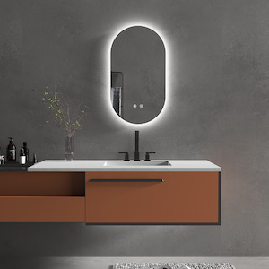 Mirrors: 450X900MM OVAL BACKLIT LED MIRROR WITH DEMISTER, THREE LIGHT SELECTION LIGHTING FRAMELESS