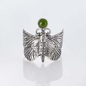 Silver Rings: Puriri Moth ring with Pounamu in Sterling Silver