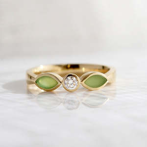 Gold And Greenstone: Pounamu and Diamond Blossom ring in Yellow Gold and Platinum