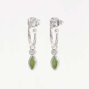 Gold And Greenstone: Pounamu and Cubic Zirconia Petit Blossom Earrings in Sterling Silver
