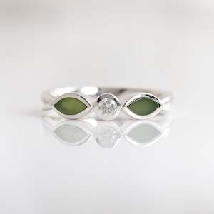 Gold And Greenstone: Pounamu and Cubic Zirconia Blossom ring in Sterling Silver