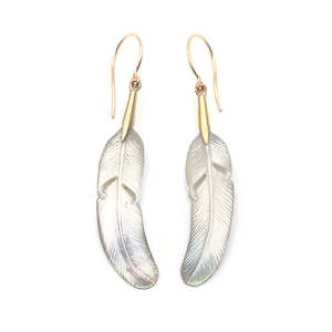 Mother Of Pearl: 14 carat Gold Mother of Pearl Shell Feather Earrings
