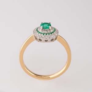 Emerald: Baby UFO ring with Emeralds and Diamonds in Platinum and 18 carat Gold