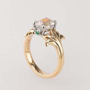 Emerald: Peach Moonstone ring with Emeralds in 9 ct Gold and Platinum