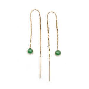 Gold And Greenstone: 14 carat Gold Pounamu Dot Chain Earrings