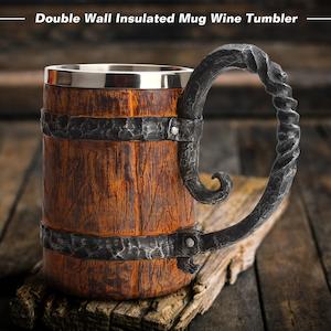 Viking Wooden Barrel Beer Mug - Stainless Steel Double Wall