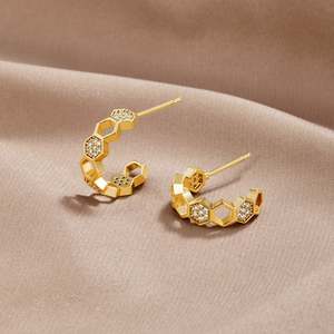 Bridal Jewellery: Honeycomb Hoop Gold & Crystal Earrings