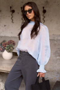 New Arrivals 1: Embrace Ice Blue Ramie Shirred Neck LS Top