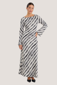Luminous Charcoal Irregular Stripe Fluted Sleeve Bias Maxi Dress - Charcoal Irregular Stripe