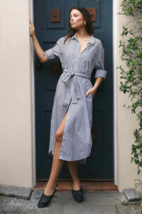 New Arrivals 1: Forward Black Stripe Cotton Midi Shirt Dress