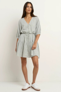 Switch Khaki Stripe Puff Sleeve Button Front Mini Dress