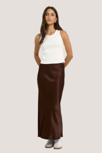 Shorts And Skirts: Rosette Chocolate Satin Bias Midi Skirt