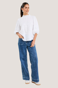 Among The Brave: Polished Ivory Linen High Neck Pleat Sleeve Top