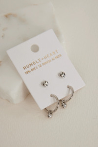 Under 50: Heart Sleeper & Stud Set Earrings | Rhodium