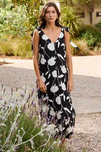 Maxi Dresses: Spontaneous Black and White Floral Tie Shoulder Relaxed Midi Dress