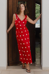 Maxi Dresses: Delightful Cherry Polka Dot Satin Bias Slip Maxi Dress