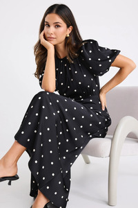 Maxi Dresses: Stage Black Polka Dot Puff Sleeve Floaty Maxi Dress