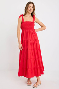 Isabella Cherry Red Cotton Poplin Shrappy Tiered Maxi Dress