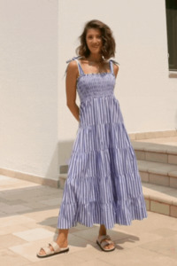 Maxi Dresses: Isabella Bright Blue Stripe Strappy Tiered Maxi Dress