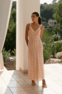 Delightful Cream Cherry Polka Dot Georgette Bias Slip Maxi Dress