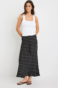 Shorts And Skirts: Rarity Black White Polka Dot Satin Tie Waist Bias Maxi Skirt