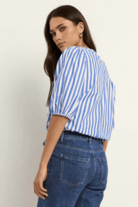Cameron Bright Blue Stripe Tie Front SS Top