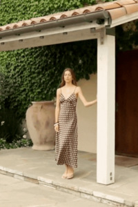 Maxi Dresses: Otherworldly Chocolate Polka Dot Satin Bias Slip Midi Dress