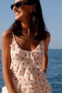 Outgoing Cream Cherry Polka Dot Frill Front Cami Top