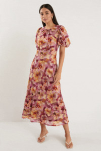 Maxi Dresses: Exquisite Pink Multi Floral Puff Sleeve Midi Dress
